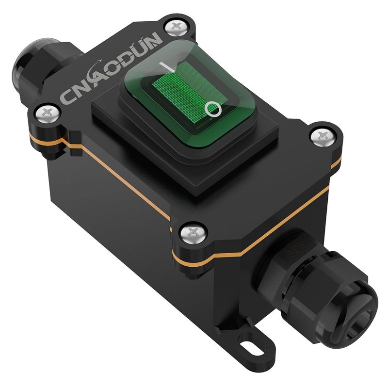 cnaodun Waterproof Inline Cord Switch, 12V DC 20A On Off Toggle Switch with Green Light Rocker Button DPST Double Outlet Outdoor IP66 - Image 1